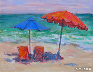 Melon and Blue Umbrellas