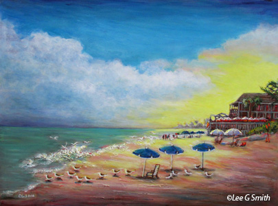 Driftwood and Blue Umbrellas, Morning