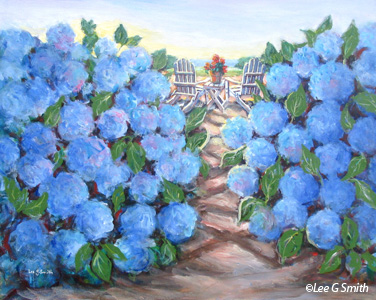 Hydrangeas and Adirondack Pair